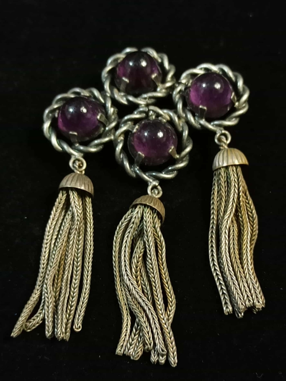 Vintage 1940s Czech Glass Brooch Purple Cabochon Tassel Dangle Brass Statement